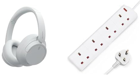Sony WH-CH720N Noise Cancelling Wireless Bluetooth Headphones - White & DESIRETECH White Electric Extension Lead 4 Gang 2 Metre | 2m Long Cable | UK Plug 3 Pin Socket Outlet