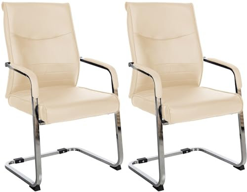 CLP 2er Set Freischwinger Besucherstuhl Hobart I Stoff- oder Kunstlederbezug, Chromgestell, Armlehnen Gepolstert I Ergonomischer Schwingstuhl, Farbe:Creme, Material:Kunstleder