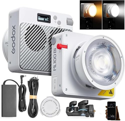 Godox ML100Bi 120W LED Video Licht, 2800K-6500K Bi-Color Video Beleuchtung Kit, 34300Lux CRI97+/TLCI98+, APP Steuerung, Unterstützung USB-C Aufladung,für Filmemachen/Outdoor Fotografie(Standard)