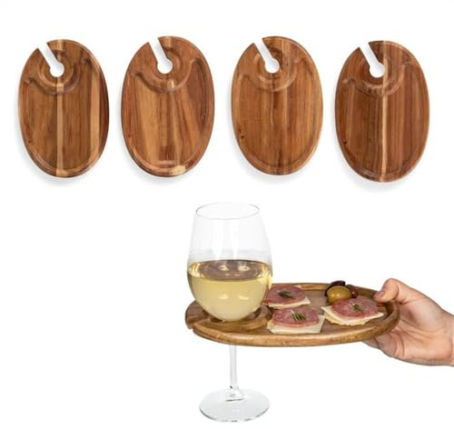 LVYUDS Oval Wine Glass Charcuterie with Wine Glass Holder, Acacia Wood Cocktail, Mini Trays for Appetizer Party Supplies Housewarming Gift