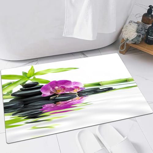 EMFSLA rutschfest Badezimmer Badeteppiche,Weich Hochflor Saugfähig Badvorleger Waschbar Flauschige Mikrofaser Badematte,Spa, asiatische Entspannung mit Zen-Massagesteinen. Lila Orchidee,60x90 cm