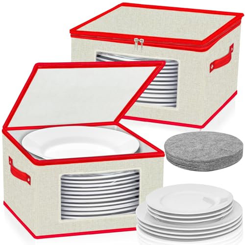 VERONLY Lot de 2 boîtes de rangement pour assiettes à dîner avec couvercle, coque rigide avec poignée, fermeture éclair en métal, patins en feutre anti-friction, récipient de rangement en porcelaine