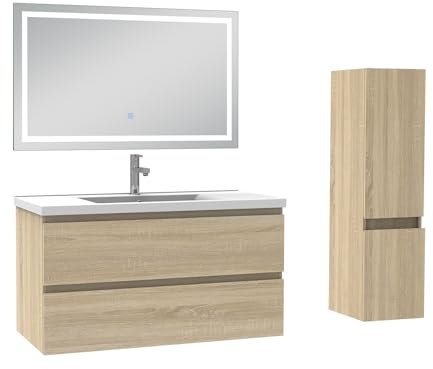 AICA Ensemble Meuble Salle de Bain 100cm Simple Vasque avec Colonne et Miroir 3 Couleurs Chêne Wotan