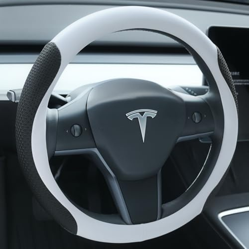 Uxcer Nappa Leather Steering Wheel Cover for Tesla Model 3/Y 2016-2025 2026 Juniper/Highland, Non-Slip Breathable Tesla Model 3/Y Steering Wheel Protector, White