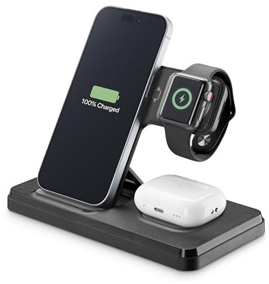 Teknoll - Wireless Charging Station - 15W per wireless smartphone - 5W per bluetooth audio - Slot cavo originale Apple Watch - Cavo USB-A to USB-C incluso - Ricarica simultanea - Nero