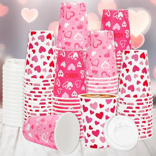 JarThenaAMCS 72 Set Valentine's Day Disposable Coffee Cups with Lids 12 Oz Red Pink XOXO Love Heart Paper To Go Coffee Cups for Cappuccino Hot Chocolate Beverage Tea