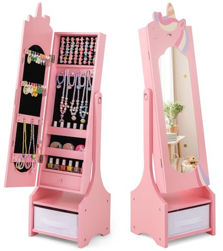 COSTWAY Kinder Schmuckschrank, 2 in 1 Spiegelschrank neigbar mit Ganzkörperspiegel, Schublade & Aufbewahrunskorb, Schmuckständer Schminkspiegel Einhorn für Mädchen (Rosa)