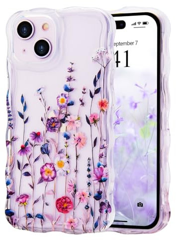 Micoden Cute Curly Wave Case for iPhone 15 Plus,Clear with Anti-Yellowing Flower Floral,Soft TPU Slim Bumper Shockproof Anti-Scratch Protective Wavy Cover for Girls Women-Colorful
