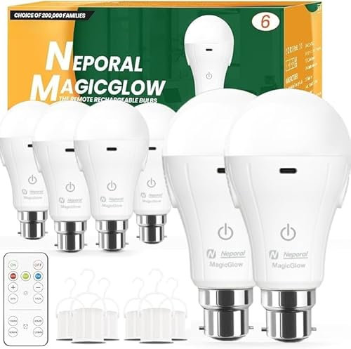 Neporal MagicGlow Rechargeable Light Bulbs with Remote, 3-Color Shift + Stepless Dimmable, USB Rechargeable 2000mAh Battery Light Bulb Up to 24H, A19 Emergency LED Light Bulbs (B22 Bayonet Fitting, 6)
