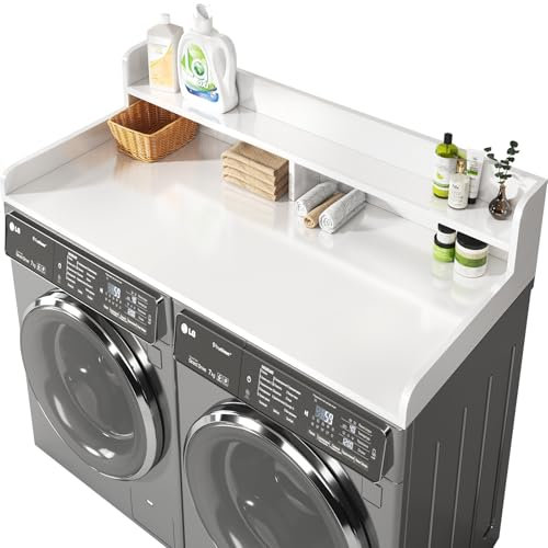 BigPonPon 2-Tier Washer and Dryer Countertop with 2.75 H Guard,54 W x 27.5 D Laundry Countertop Cover with Non-Slip Pad,Large Space Laundry Topper for Folding Clothes Over Washer and Dryer-White
