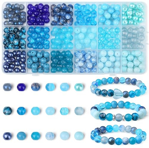 AWARDSEN Blue Glass Beads 8mm 360 PCS Crystal Round Beads for Jewellery Making Kit, Bracelet Necklace Crafting Supplies, DIY Homemade Gifts Bulk