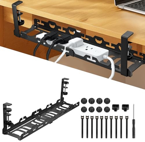 EYPINS No Drill Under Desk Cable Management Tray - 15.7-29.1inch Retractable Under Desk Cable Tidy Tray for Office & Home, Cable Tray Under Desk with 10 Zip Ties & 8 Clips (Black)