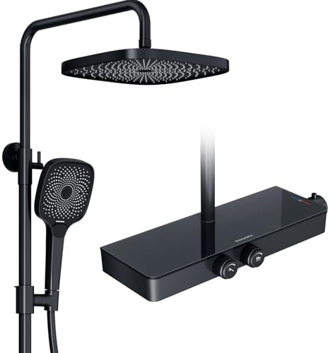 Rainsworth Duschsystem mit Thermostat und Glasablage - Ein-Tast-Bedienung & Durchflussregelung Duscharmatur Komplettset, Regendusche 26 x 26 cm, Handbrause 3 Strahlarten - Duschset mit Armatur Schwarz