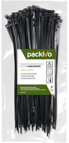 PACKIVO Kabelbinder Schwarz 300mm x 4.8mm, 100 Stück Kabelbinder UV Beständig lang, Schwarze Kabelbinder Mit 22Kg, Zugfestigkeit Kann für Innen- und Außenbereich, Haushalt, Büro