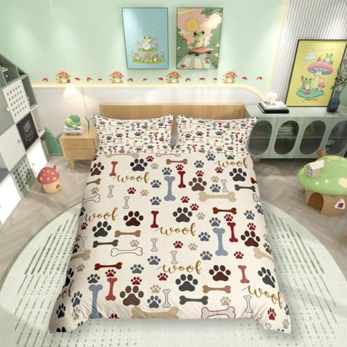 Corgi Mops-Bettbezug mit niedlichen Hundepfoten, für Kinder, Teenager, Erwachsene, Schlafzimmer, Dekoration, Hundeknochen, Cartoon, buntes Bettwäsche-Set, 1 Kissenbezug, keine Bettdecke