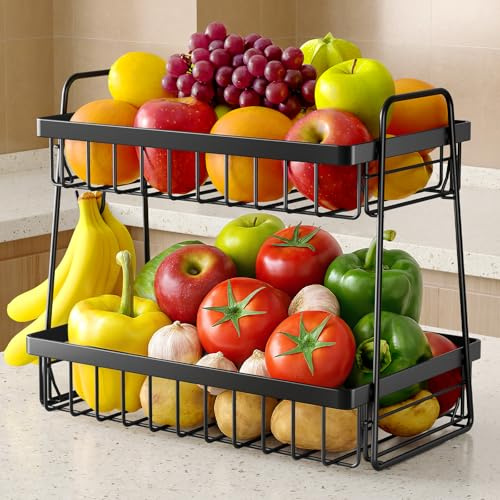 Sakugi Fruit Basket for Kitchen Counter - 2-Tier Fruit Bowl with Removable Banana Hanger & Handles, Rustproof Fruit Holder for Kitchen, Living Room, Bathroom, 13.4×8.7×11.7, Black