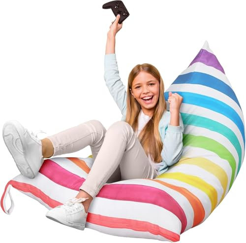 Ianulus Stuffed Animal Bean Bag Chair Kids Toy Storage Organizer Stuffie Seat, Adult Arm Chair Bean Bag Cover Child Size Toy Storage Bag, Premium Canvas No Filling (Stripes of Colour)
