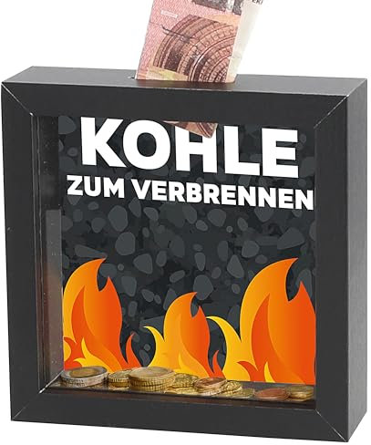 Spardose 'Kohle verbrennen' │13x4cm schwarz MDF Glas │Sparbüchse Gelddose Geldgeschenk Feuermotiv