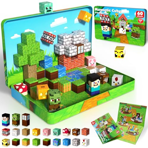 Costruzioni Magnetiche per Bambini da Viaggio 60 Pezzi con Scatola Metallica Portatile Cubi Magnetici Adatti per Giocare in Silenzio in Aereo e in Macchina Giocattolo STEM Regalo Montessori da 3+ Anni