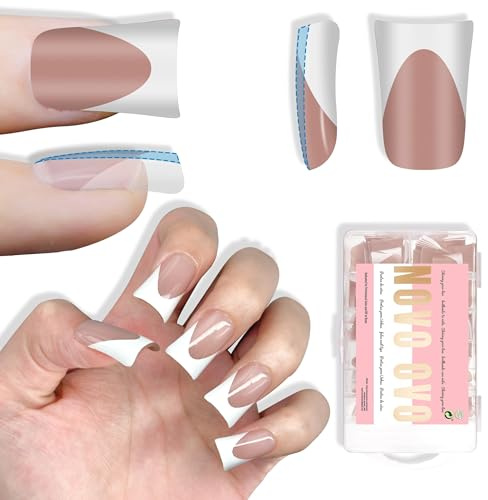 NOVO OVO Short Duck Nail Tips French Tip Press On BROWN PINK, Pre-designed Soft Gel Nail Extension, Need Buider Gel Top Coat, No Glue included, Full Cover Acrylic False Nails for DIY x 12 Sizes 240 pc