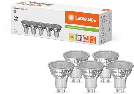 LEDVANCE 5x LED PAR16 DIM P, Warmweiß, GU10, 4,5W, 350lm, 3000K, CRI90, 36° Abstrahlwinkel, Dimmbar, 50W Halogen-Ersatz, 220-240V 5er SPARPACK