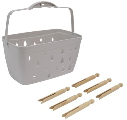 JVL Plastic Peg Basket, Grey with 48 Wooden Dolly Pegs, Brown