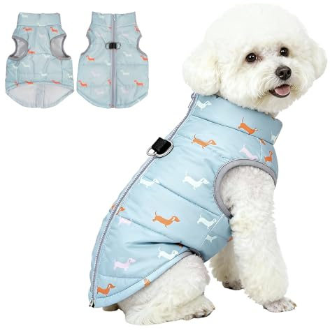 Asmea Hundemantel Winter Hundejacke Warme Hundemantel für Kleine Hunde Winddichte Hundeweste mit Geschirr Loch Schwach Wasserdicht Weihnachten Hundejacke für Chihuahua Dackel Grau Blau XXS