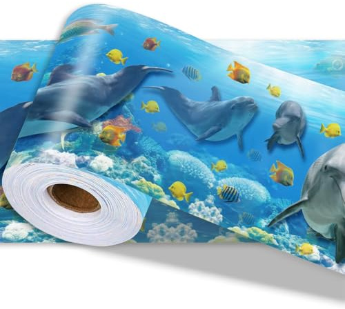PRESSINART Ocean Wallpaper Border Wall Border Trim Peel and Stick 197 x 4 Inch Ocean Dolphin Fish Pattern PVC Decorative Molding Sticker for Bathroom Laundry Kitchen Backsplash Hotel Home Decoration