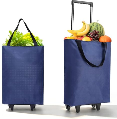 Chingcoo 2-in-1 Einkaufstrolley Klappbar 30L Groß – Leichter Shopping Trolley auf Rollen mit Tasche und Löser, ideal für Camping und Reisen (Blau)