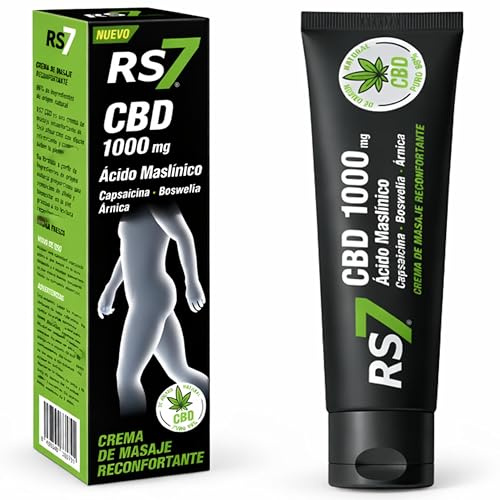 RS7 CBD 1000 mg 75 ml Crema Antiinflamatoria de Masaje Reconfortante | Ácido Maslínico 370mg + Capsaicina + Boswellia + Árnica | Alivio del Dolor Muscular y Articular | 96% Ingredientes Naturales