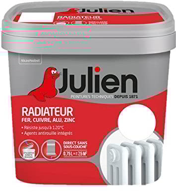 Julien Peinture Radiateur Acrylique, Fer, Cuivre, Alu, zinc - Direct sans sous-couche, Satin, Blanc Satin, 0,75 L