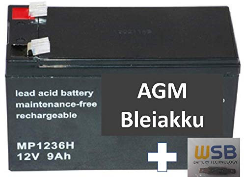 AGM 12V / 9Ah Blei-Akku MP1236H Hochstrom Akku, Faston 6,3mm inkl. 2X Anschluß-Adapter, kompatibel NPW45-12, HR1234WF2, UP-RW1245P1, WP1236W