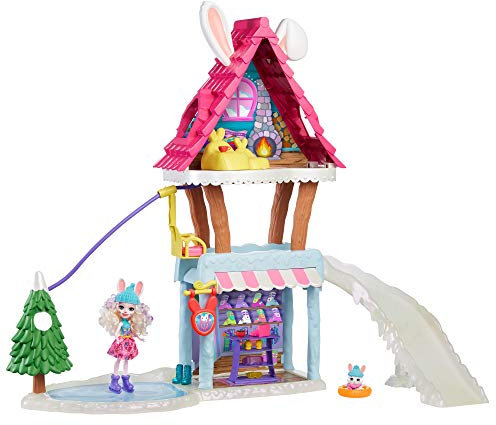 Enchantimals GRW92 - Hasen-Skihütte (ca. 63 cm) mit Bevy Bunny (ca. 15 cm), Tierfigur Jump, 5 Spielbereichen, Sessellift und Eisrutsche, tolles Geschenk für Kinder ab 3 Jahren