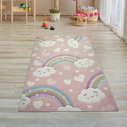 Teppich-Traum Kinderteppich Kinderzimmerteppich Regenbogen mit Wolken und Herzen in rosa Größe 80x150 cm