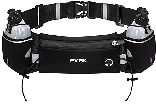 PYFK Verbesserter Laufgürtel mit Wasserflaschen, Trinkgürtel für Damen und Herren, Wasserflaschenhalter, Lauftasche, Hüfttasche für Laufen, Wandern (schwarz aktualisiert)