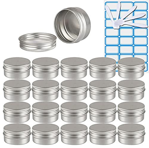 ZEOABSY 100 Pièces 30ml Pots en Aluminium Vide Rond Argent Petit Cosmétiques Pot Conteneurs for Fait Main Bougies Crème Baume Voyage, 10x Spatule, 4X Étiquettes