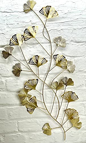 3D Wanddeko aus Metall Wandskulptur Ginkgo 75 cm zum Aufhängen in Gold Dekoobjekt