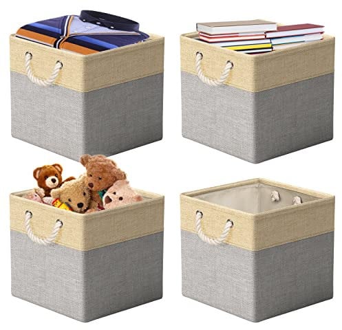 RIWNNI Aufbewahrungsbox Stoff 33x33 [4-Pack], Faltbarer Aufbewahrungsbox für Stoff, Ideal für Kallax-Regale, Schlafzimmer, Kinderzimmer - (Beige/Grau)