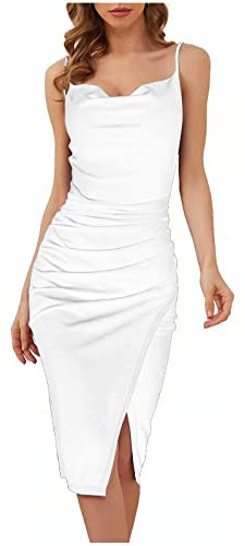 Ni_ka Robe De Cocktail Longue Moulante Epaule Denudee Robes De SoiréE Fendu Dress sans Manches à Bretelles Sexy Dresses Noir Blanc Taille S à 3XL