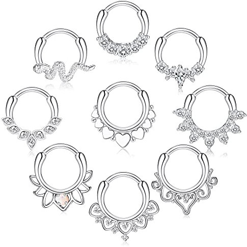 Kakonia 9 Stücke Septum Schmuck 16G Daith Ohrringe Hinged Hoop Nasenringe 316L Edelstahl Septum Clicker CZ Ringe für Frauen Knorpel Helix Tragus Rook Hoop Daith Ohrringe 8MM Silber