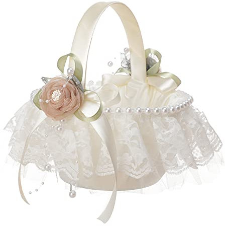 Fofetbfo Hochzeit Blumenmädchen Korb, Weiß Spitze Blumenkorb mit Seidenrose Blume und Perle, Eleganter Satin Blumenkorb für Hochzeitszeremonie Party Dekoration