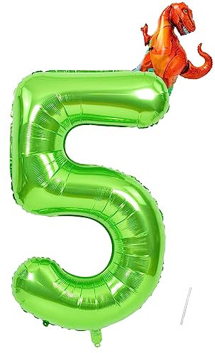 Geburtstag Folienballon Zahl 5 mit Dinosaurier, 101 cm Grün Luftballons Zahl 5, Helium Ballon Zahl 5, Mädchen Geburtstag Luftballon Deko Hochzeit Jubiläum Fest Party Dekoration, Fliegt mit Helium