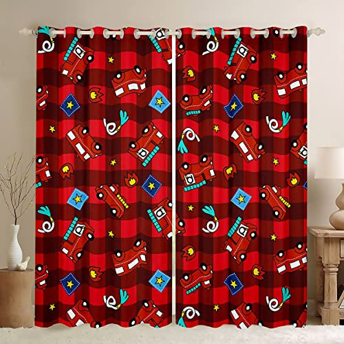 Rotes Feuer Engine Fenstervorhang 137x117cm Feuerwehr Blickdichte Vorhänge für Kinder Jungen Mädchen Feuerwehr Vorhänge Geometrisch Gitter Gitter Raumdekoration