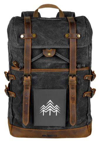 HOLZBRÜDER® Rucksack mit wechselbarem Patch, Canvas Lederrucksack mit Laptopfach, Reise Handgepäck für Flugzeug geeignet (Schwarzblau)