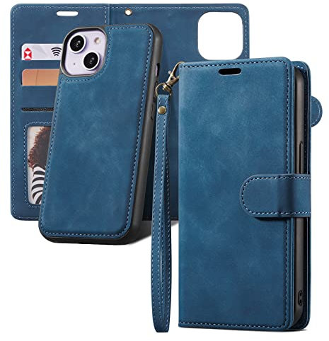 QLTYPRI Case for iPhone 13, 2 in 1 Detachable Wallet Case PU Leather with [Card Slots] [Kickstand][Wrist Strap][Magnetic Closure] Shockproof Flip Cover for iPhone 13 (6.1 inch) - Blue