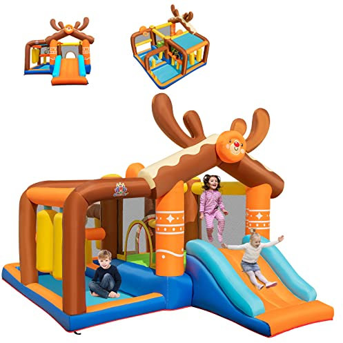 COSTWAY 7 en 1 Château Gonflable avec Toboggan & Maison de Saut, Aire de Jeux Gonflable avec Piscine & Panier de Basketball, Thème Renne, Charge 120kg pour 4 Enfants de 3-12 Ans