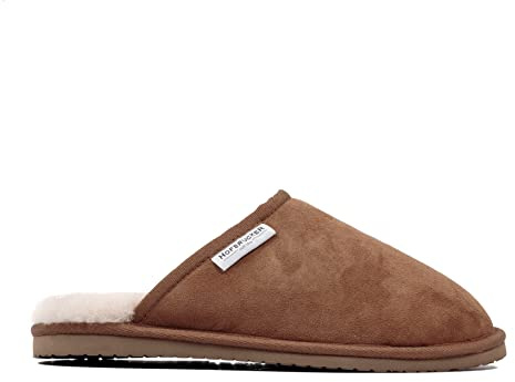 Hofbrucker warmer Lammfell Hausschuh braun mit fester Sohle Obermaterial 100% Lammfell