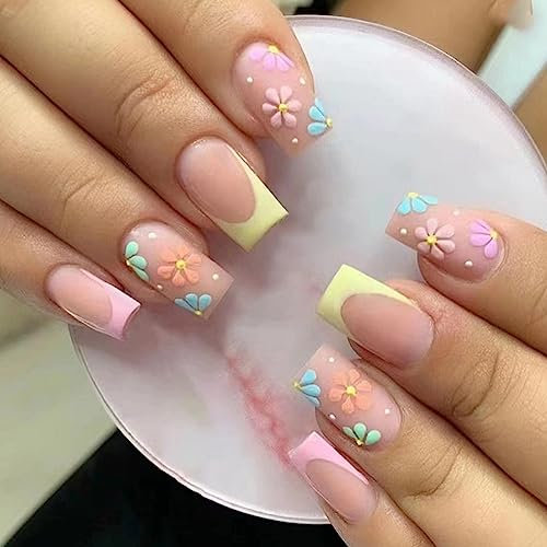 24 Pièces Faux Ongles Court Carrés Français Couleur Fleurs Ongles à Coller Naturel Acrylique Bâton sur Les Ongles avec Autocollants Adhesif Ballerine Press on Nails pour Femmes et Filles