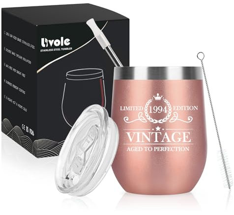 Livole 30th 1994 Birthday Gifts for Women, Her, Auntie, Girlfriend, 30th Birthday Ideas, 1994 Vintage Birthday Presents Unique, Aged to Perfection, 12oz Stemless Wine Glasses, Insulated Drinking Cup