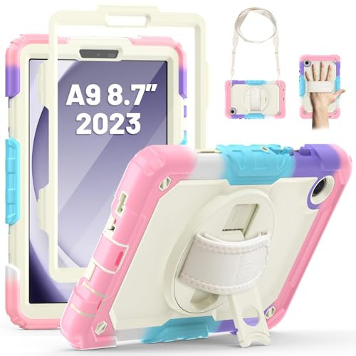 SEYMAC Funda para Samsung Galaxy Tab A9 8,7 2023, Funda para Galaxy A9 con Protector de Pantalla, Soporte Giratorio de 360°/Correa de Mano, Correa para el Hombro, con Soporte para Bolígrafo, Rosa
